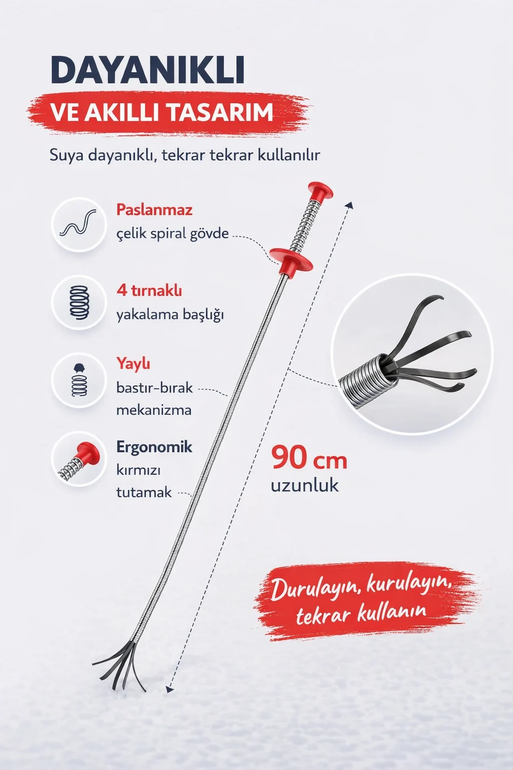 Paslanmaz çelik gövde ve 4 tırnaklı yakalama ucu — 90 cm paslanmaz çelik spiral gövde ve yaylı yakalama başlığı detayı